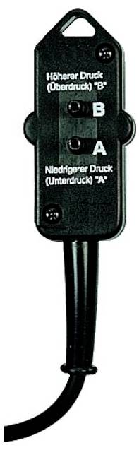 Druckschalter mit Beschriftungen "Höherer Druck (Überdruck) "B"" und "Niedrigerer Druck (Unterdruck) "A"" auf einem schwarzen Gehäuse.