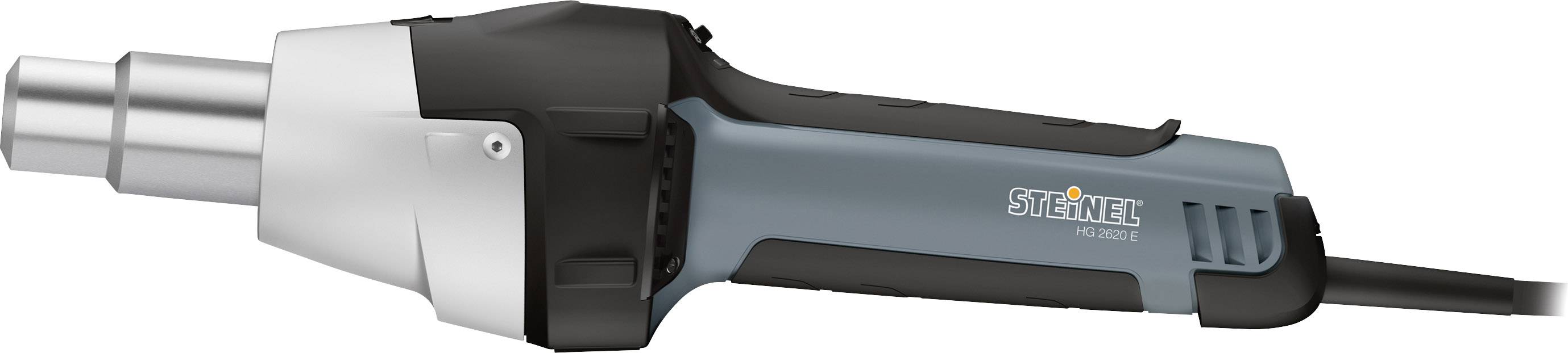 Elektrisches Heißluftgebläse von Steinel in seitlicher Ansicht, hauptsächlich in Schwarz und Blau, mit einem silbernen Düsenaufsatz.