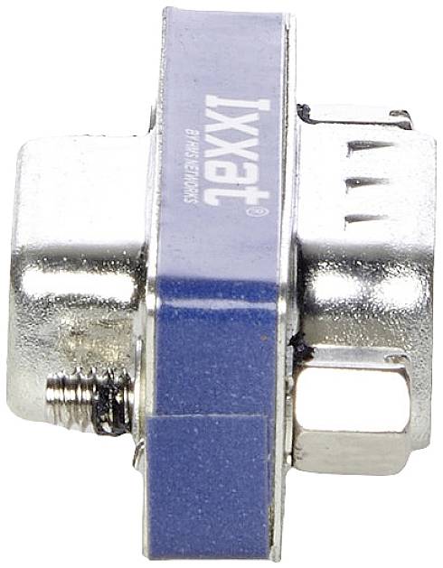 Metallischer Ixxat-Stecker, seitliche Ansicht, zeigt blaue und silberne Teile, geeignet für industrielle Kommunikationsanwendungen.