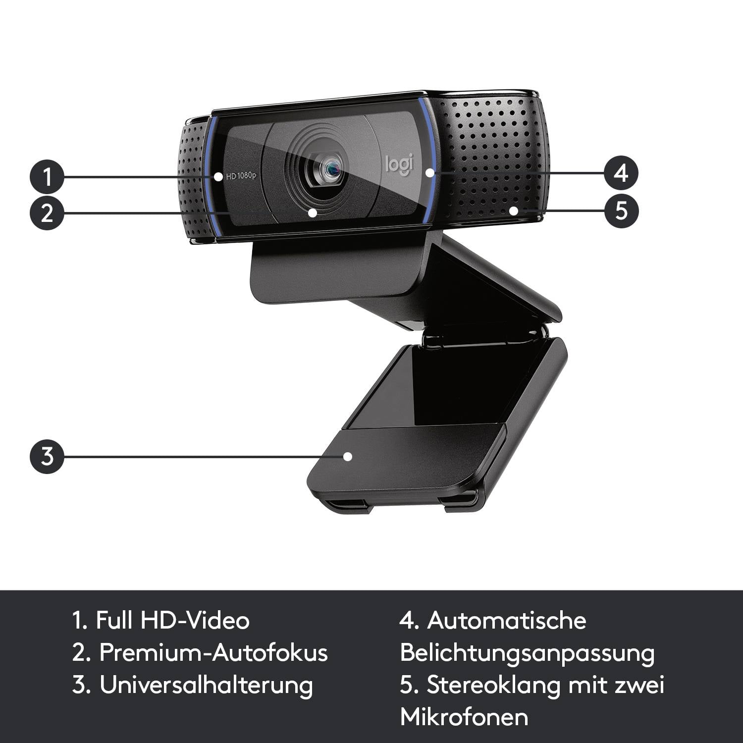 Webcam mit Full HD-Video, Premium-Autofokus, Universalhalterung, automatischer Belichtungsanpassung und Stereo-Ton über zwei Mikrofone.