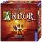 Brettspiel 'Die Legenden von Andor': Vier Figuren mit Waffen auf orangefarbenem Hintergrund. Abenteuerliches Fantasy-Thema.
