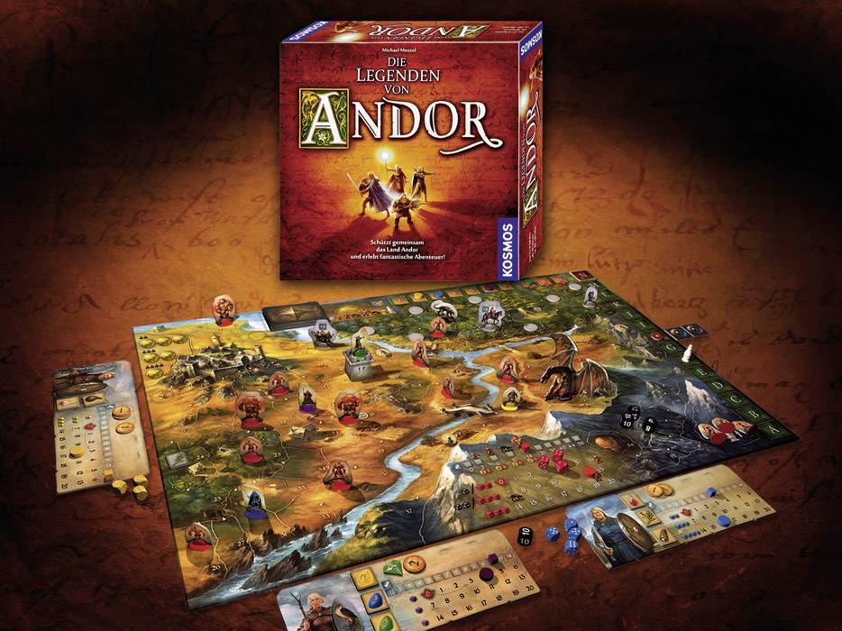 'Die Legenden von Andor' Spielbox und Spielfeld mit Figuren und Karten. Fantasie-Thema mit Abenteuern und Helden. Ziel: Questen erfüllen.
