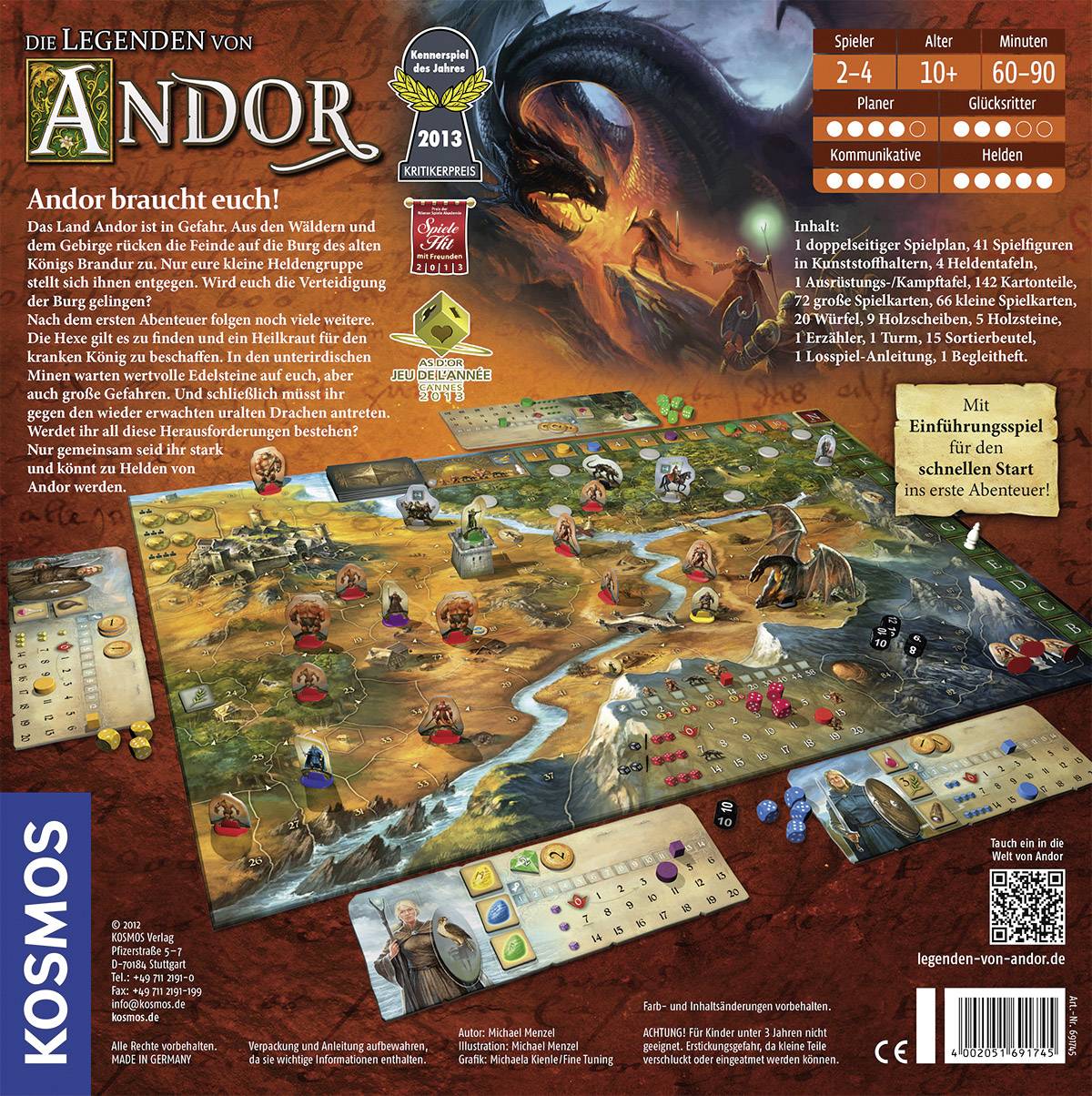 'Die Legenden von Andor' Brettspielverpackung mit Fantasy-Illustrationen, Spielbrett, Spielfiguren und Spielinformationen für 2-4 Spieler ab 10 Jahren.