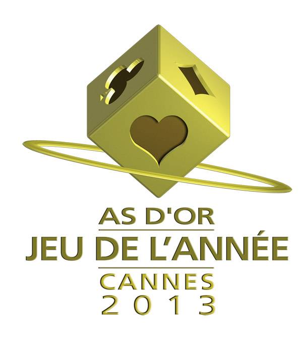 'As d'Or Jeu de l'année Cannes 2013' Award-Logo mit goldenem Würfel und stilisiertem Ring, Symbol für ausgezeichnetes Spiel des Jahres.