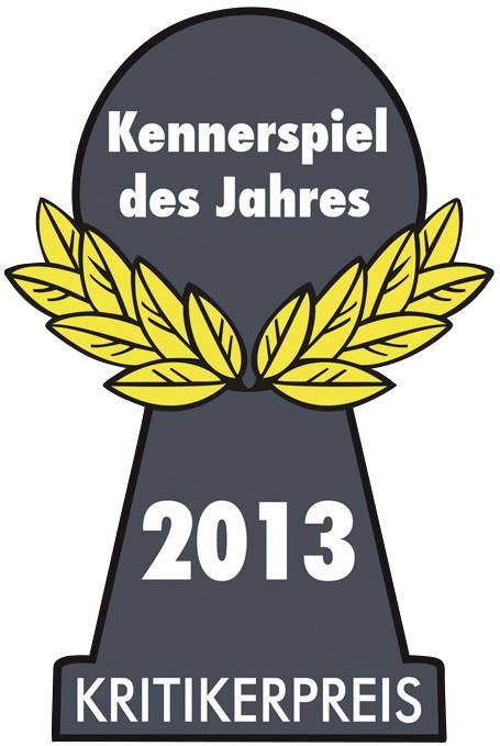 Logo des 'Kennerspiel des Jahres 2013' Kritikpreis, angezeigt als grauer Pöppel mit gelben Lorbeerblättern.