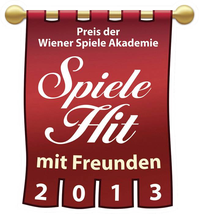 Rote Auszeichnung mit der Aufschrift 'Preis der Wiener Spiele Akademie - Spiele Hit mit Freunden 2013'.