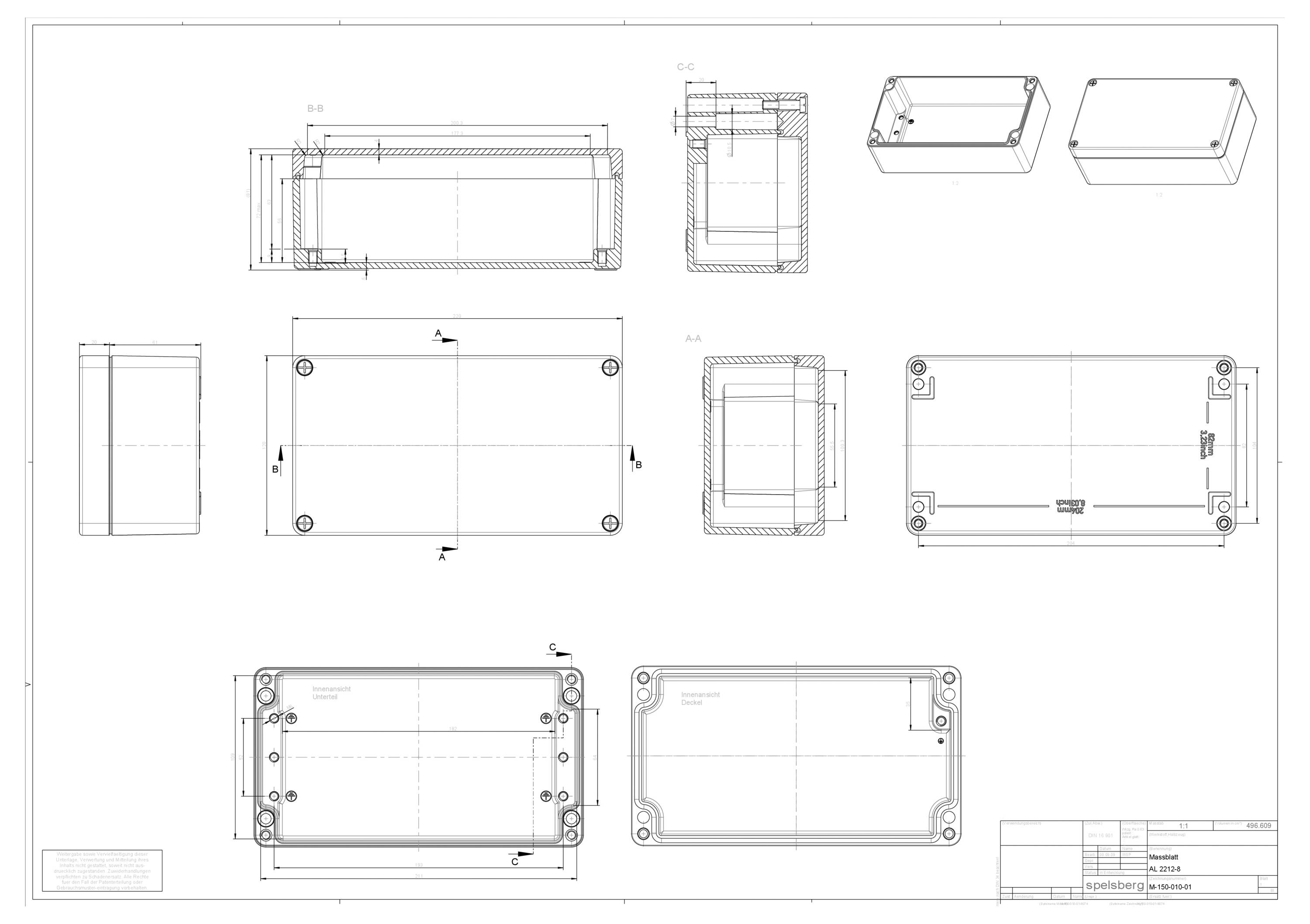 Technische Zeichnung eines rechteckigen Gehäuses, dargestellt in mehreren orthographischen und isometrischen Ansichten mit Abmessungen und Teildetails.