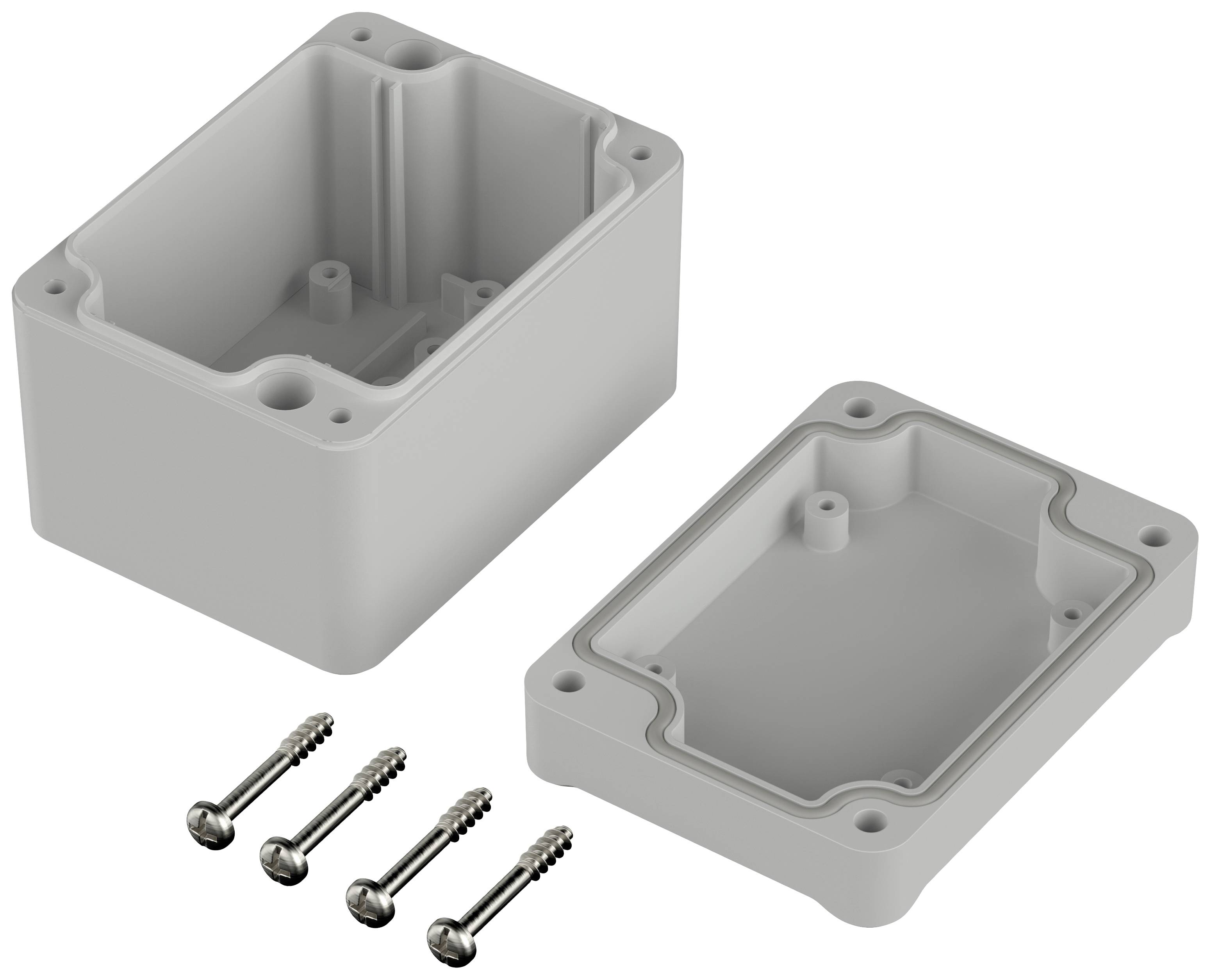 Gehäusekasten aus Kunststoff mit abnehmbarem Deckel und vier Schrauben, geeignet für elektronische Projekte oder Verkabelungen.