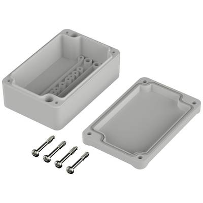 Elektronikgehäuse mit abnehmbarem Deckel und vier Befestigungsschrauben, dient zum Schutz elektronischer Komponenten vor Umwelteinflüssen.