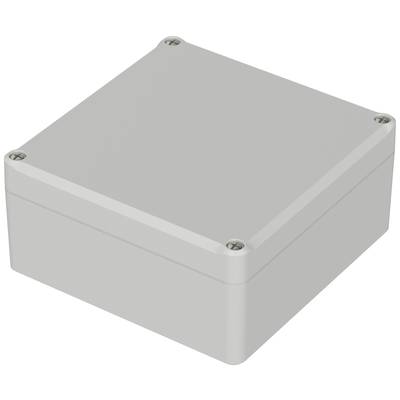 Rechteckiges, graues Kunststoffgehäuse mit abgerundeten Ecken und Schrauben an jeder Ecke. Geeignet für elektronische Komponenten.
