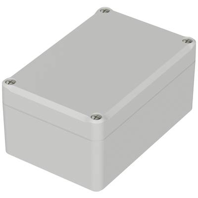 Rechteckiges, graues Gehäuse mit abgerundeten Ecken und Schrauben an den Ecken. Geeignet für den Schutz von elektronischen Komponenten.