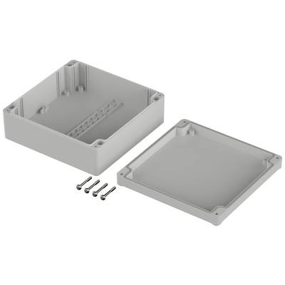Gehäuse aus grauem Kunststoff mit abnehmbarer Abdeckung und vier Schrauben, geeignet für elektronische Komponentenmontage.