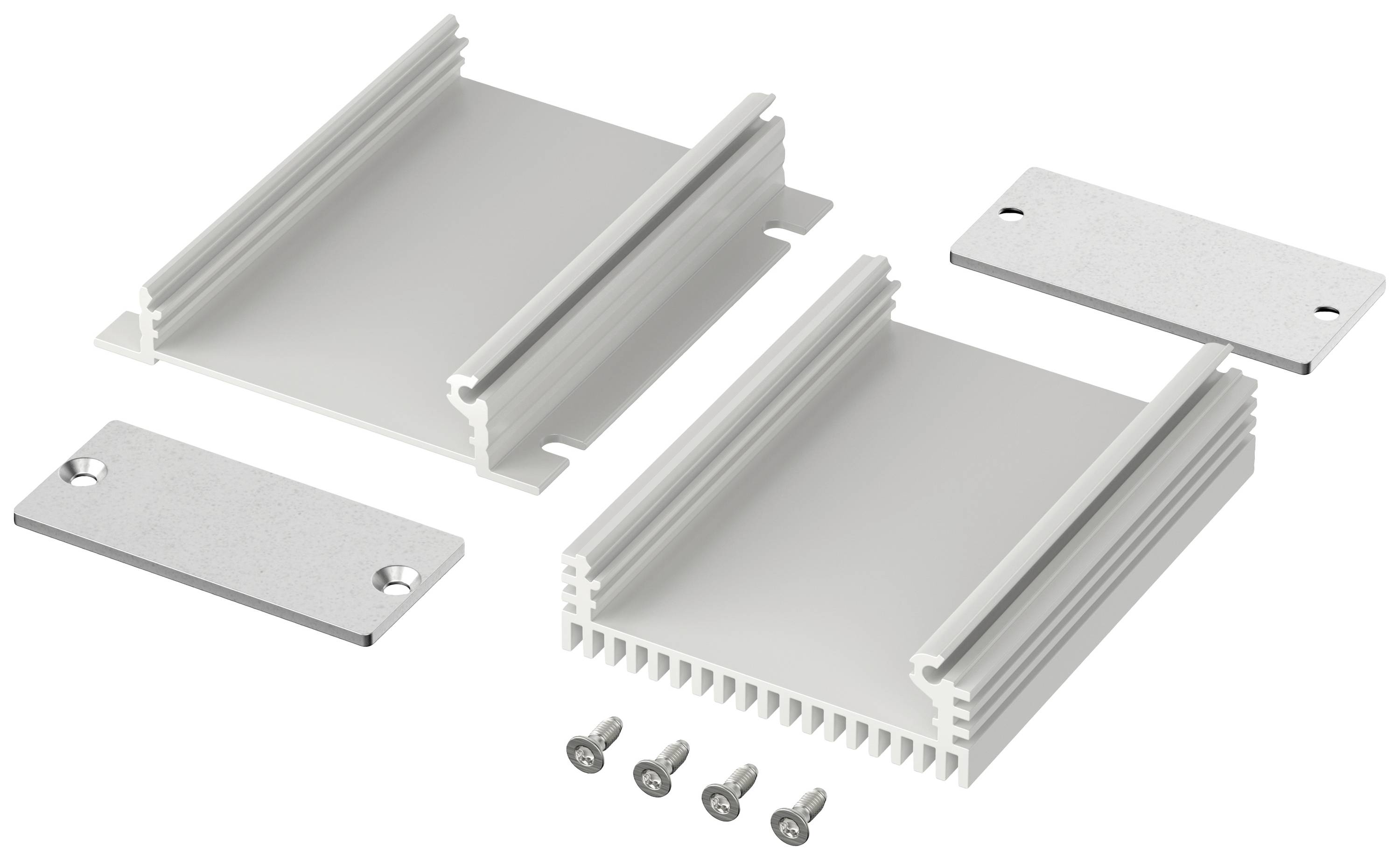 Kühlkörper-Bausatz aus Aluminium mit zwei Hauptkomponenten, seitlichen Abdeckungen und vier Schrauben zur Montage.