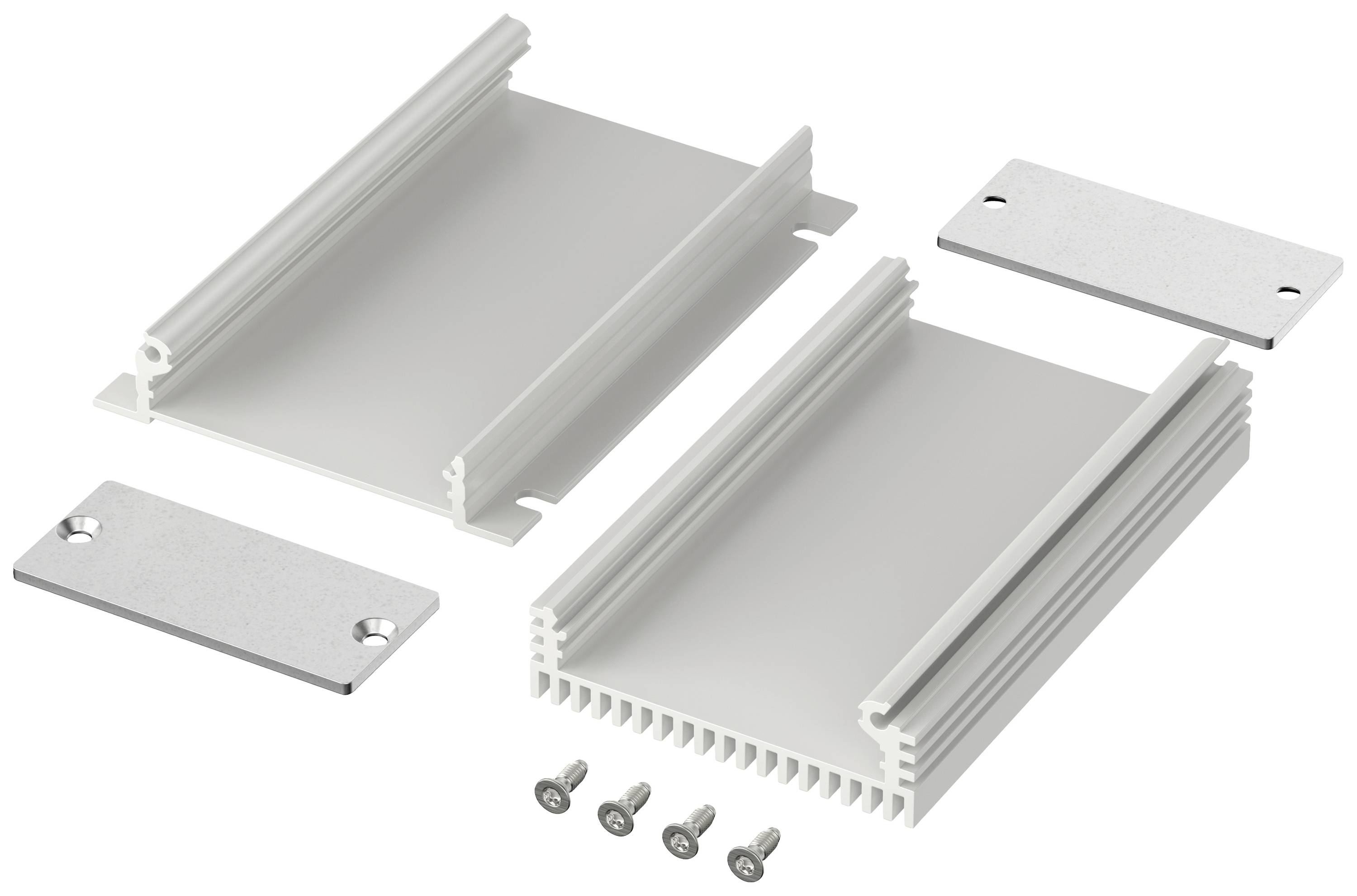 Metallgehäuse in Einzelteilen, bestehend aus zwei Schienen, zwei Platten und vier Schrauben. Geeignet für elektronische Komponenten.