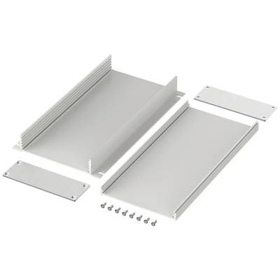 Metallgehäuse-Bausatz mit zwei Seitenteilen, zwei Flächenplatten und acht Schrauben, bereit zur Montage.