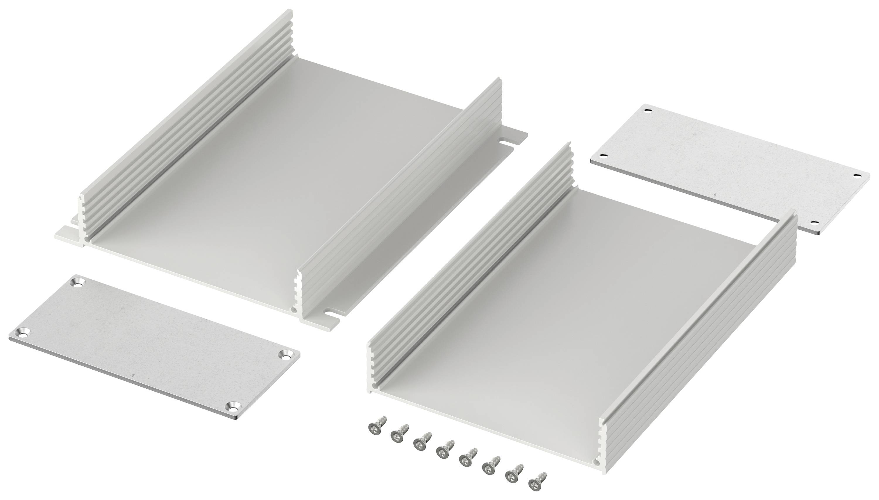 Zwei längliche, graue Aluminiumgehäuse mit gerillten Seiten, jeweils mit zwei grauen Abdeckplatten und Schrauben zur Montage.