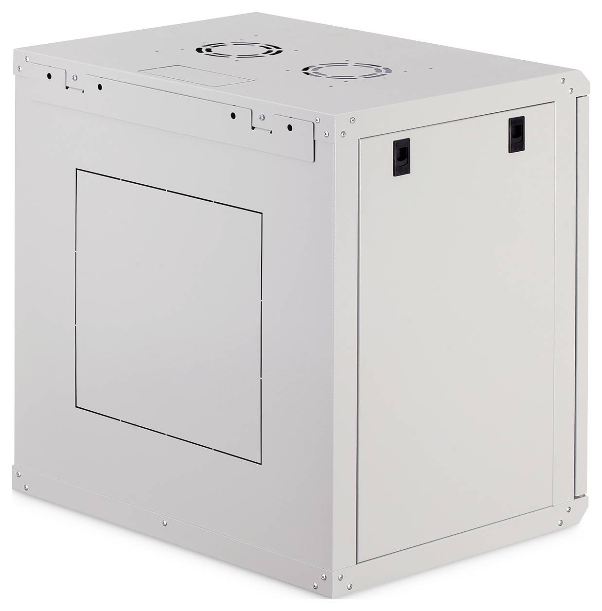 Eine einfache, metallische Lüftungsbox mit zwei runden Ventilatoren oben und Verschlüssen an der Vorderseite.