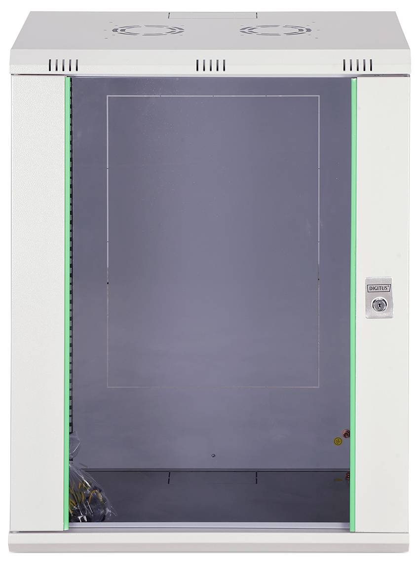 Kleines weißes Serverrack mit einer transparenten Tür, ausgestattet mit einem Schloss und Lüftungsventilatoren auf der Oberseite, geeignet zur Unterbringung von Netzwerkequipment.