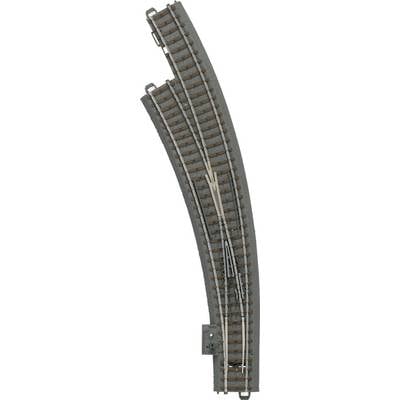 Modelleisenbahn-Gleiskurve mit Weiche und Schienenverbindungen, zeigt ein Gleisstück für Zugsteuerung und Streckenführung.