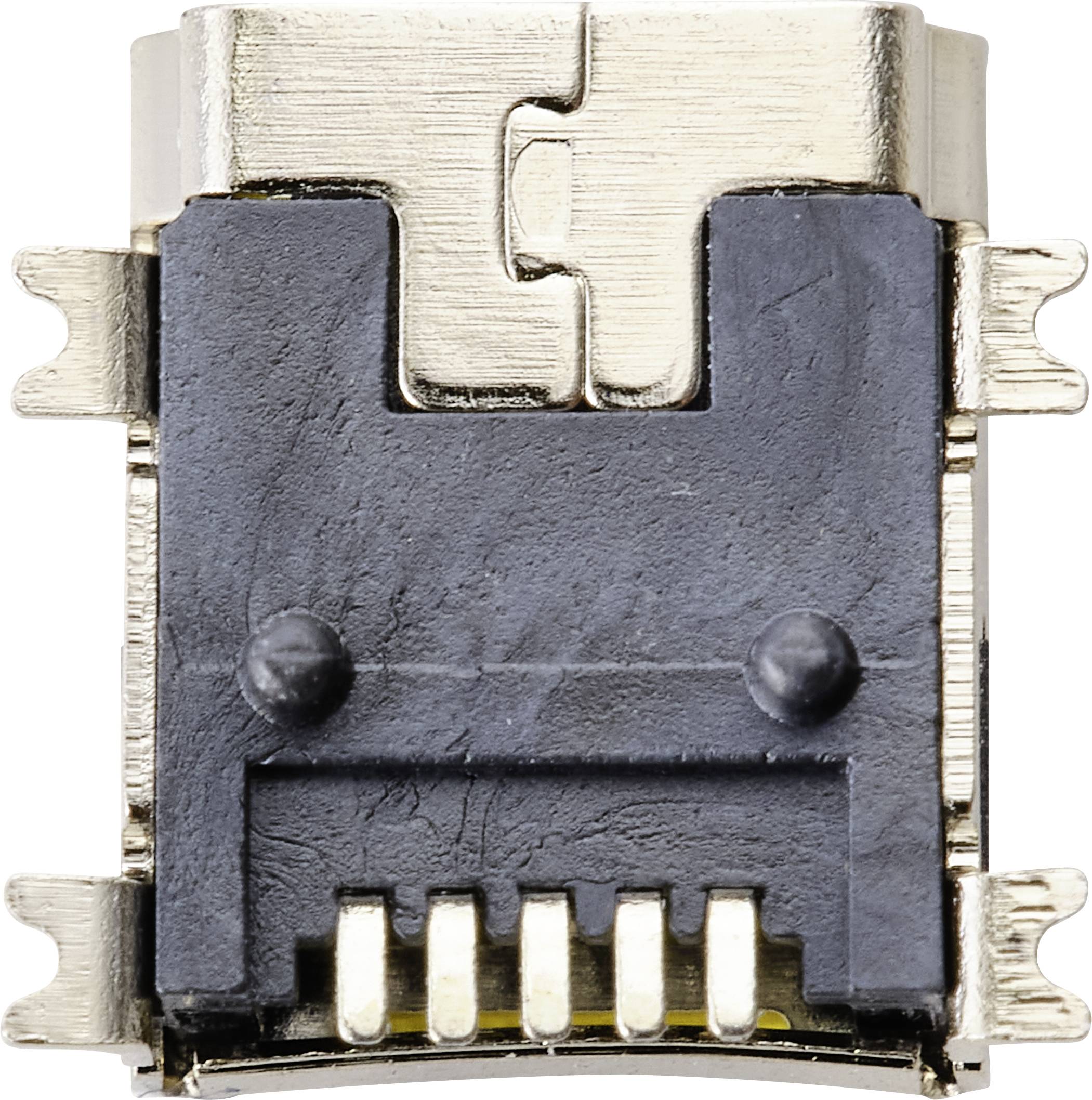 Ein schwarzer USB-Anschluss mit metallischen Kontakten, wahrscheinlich Teil eines elektronischen Geräts, frontal abgebildet.