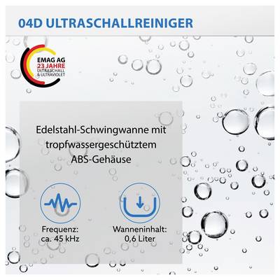 Werbegrafik für den 04D Ultraschallreiniger mit Edelstahl-Schwingwanne, tropfwassergeschütztem ABS-Gehäuse, ca. 45 kHz und 0,6 Liter Inhalt.<br>