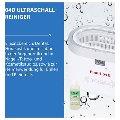 Werbung für den Ultraschallreiniger '04D'; Einsatzbereich: Dental, Hörakustik, Labor, Augenoptik, Nagel-/Tattoo- und Kosmetikstudios sowie für Brillen und Kleinteile.
