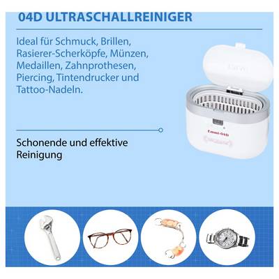 Anzeige für einen Ultraschallreiniger '04D', geeignet für Schmuck, Brillen, Rasierer, Münzen, Zahnersatz, Piercing, Tattoonadeln und mehr; schonende, effektive Reinigung.<br>