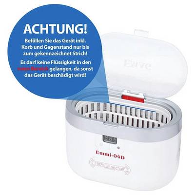 Warnhinweis für Ultraschall-Reinigungsgerät: Befüllen nur bis zum markierten Strich; keine Flüssigkeit in den roten Bereich, sonst Gerät beschädigt.<br>