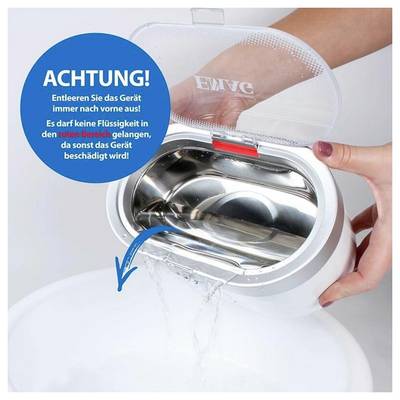 Warnhinweis: Beim Entleeren des Geräts darf keine Flüssigkeit in den roten Bereich gelangen; das Bild zeigt Flüssigkeit, die aus einem Behälter ausgegossen wird.