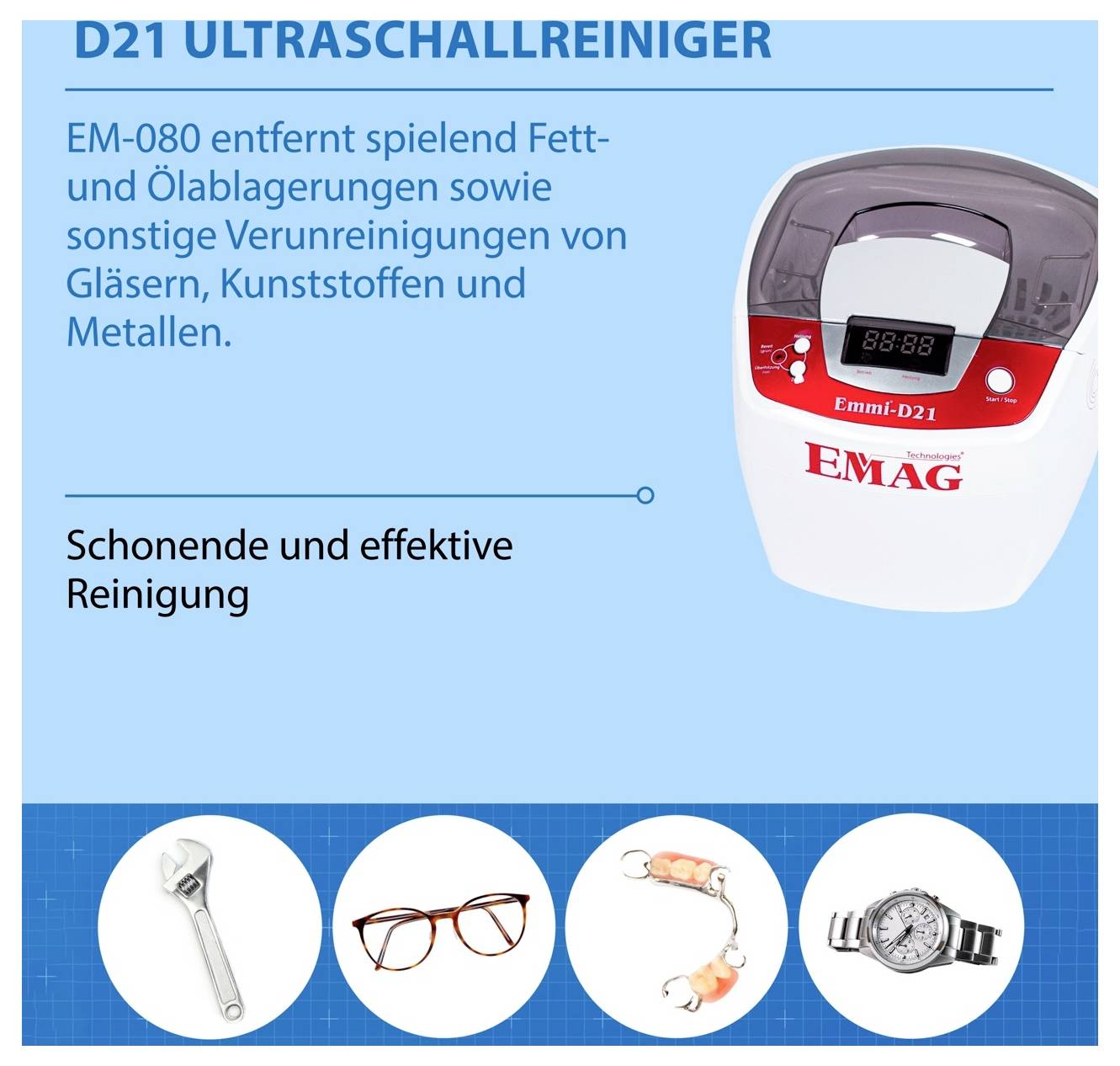 Werbeanzeige für den Ultraschallreiniger 'D21': entfernt Fett- und Ölablagerungen sowie Verunreinigungen von Glas, Kunststoff und Metall; zeigt das Gerät und gereinigte Gegenstände.<br>