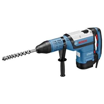 Ein blau-schwarzer Bosch Bohrhammer mit Seitengriff und Spiralbohrer, konzipiert für industrielle oder bauliche Anwendungen.