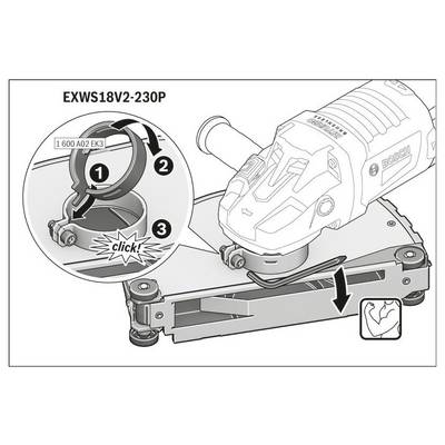 Diagramm, das Installationsschritte für ein Werkzeugteil zeigt. Schritte: 1) Spannvorrichtung ausrichten, 2) Teil sichern, 3) Einrasten. Modell EXWS18V2-230P.
