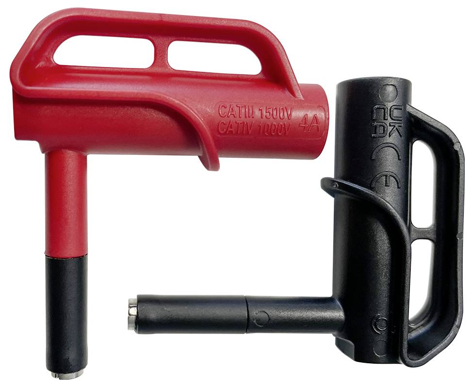 Zwei isolierte Sicherheitssteckverbinder; einer rot mit Aufschrift 'CATIII 1500V', der andere schwarz mit Zertifizierungen, beide mit Griff.