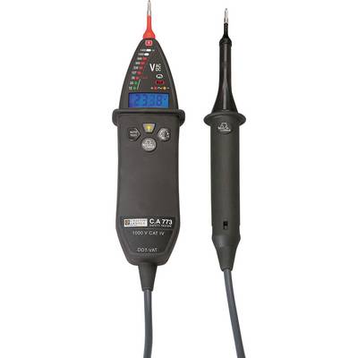 Spannungsprüfer mit digitalem Display und roter und schwarzer Sonde. Zeigt 223,8 V an. LEDs auf der Oberseite zeigen Spannungsbereich an.