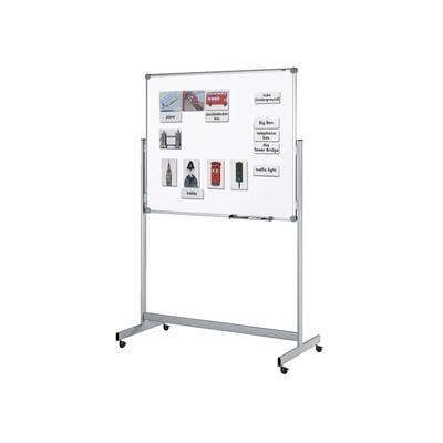 Das Bild zeigt ein Whiteboard auf Rollen. Darauf sind kleine Bilder und englische Wörter wie 'telephone', 'bus' und 'Big Ben' angebracht.