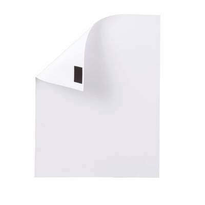 Ein weißes Papierblatt mit einer Ecke, die umgeklappt ist, und einem kleinen schwarzen Quadrat darunter.