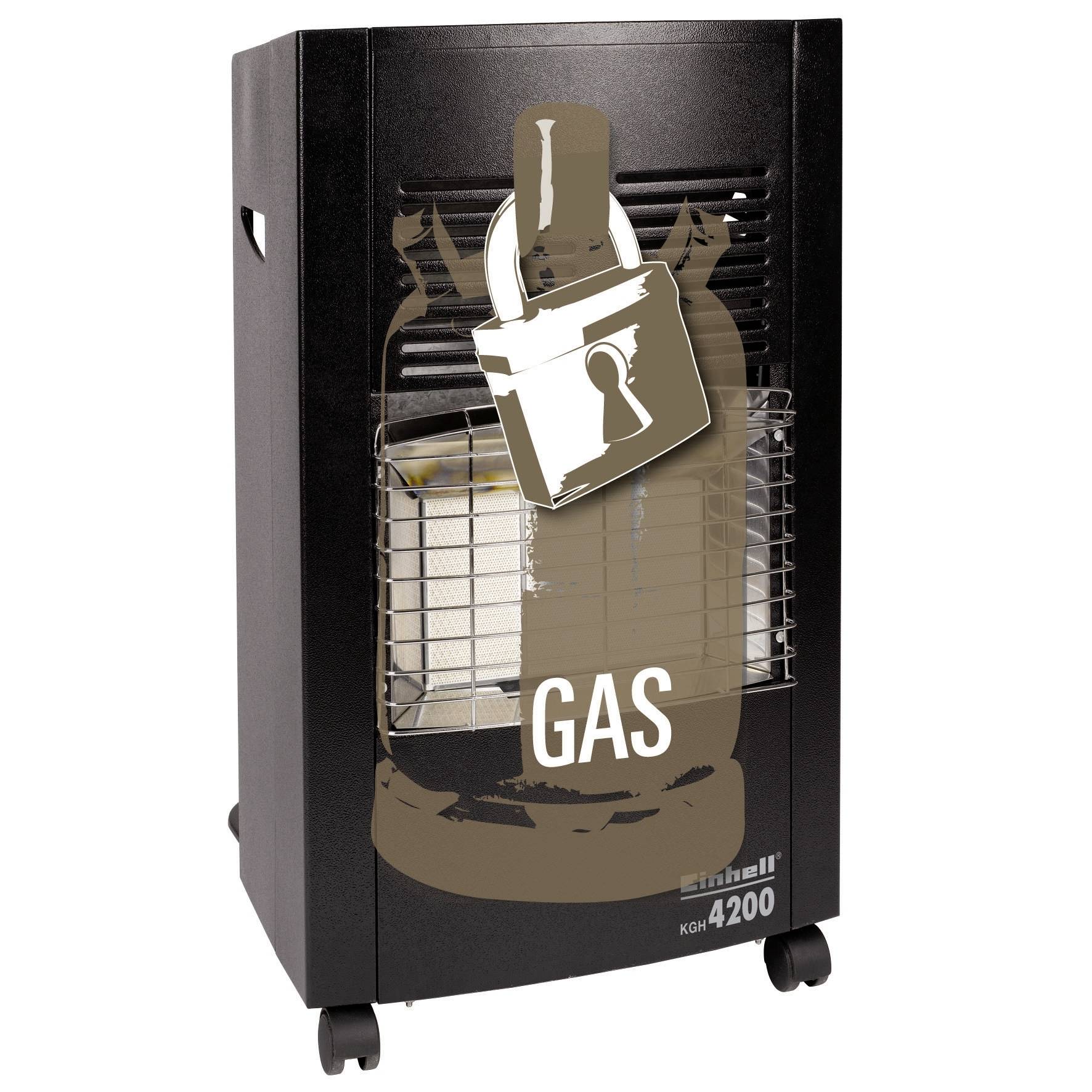 Schwarzer Gasheizer auf Rädern mit sichtbarer Gasflasche und großem Vorhängeschloss-Symbol. Text: 'GAS'.