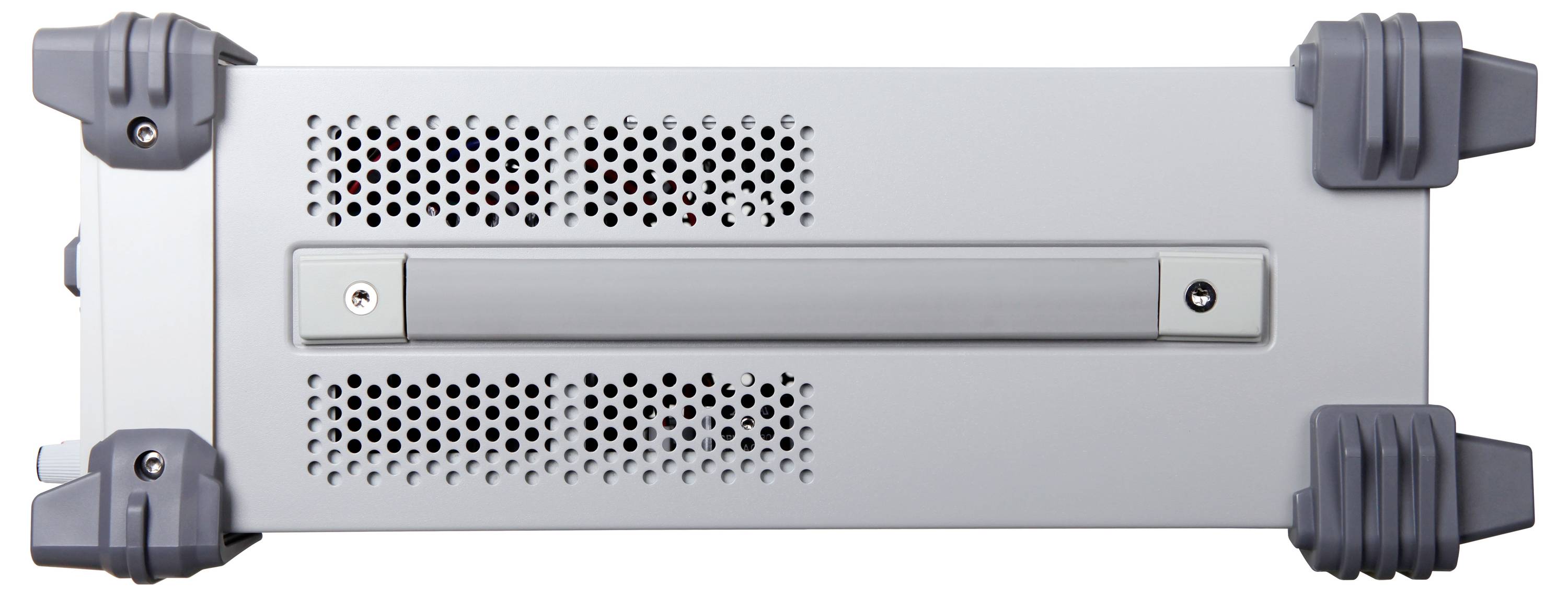 Rückansicht eines grauen Computer-Desktop-Towers mit horizontalem Griff und Schutzeckenpolstern.