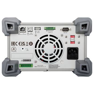 Rückseite eines Testinstruments mit Kühlventilator, Wechselstromeingang, USB- und Ethernet-Anschlüssen, RS-232, digitalen Ein-/Ausgängen und roten Spannungswählern.