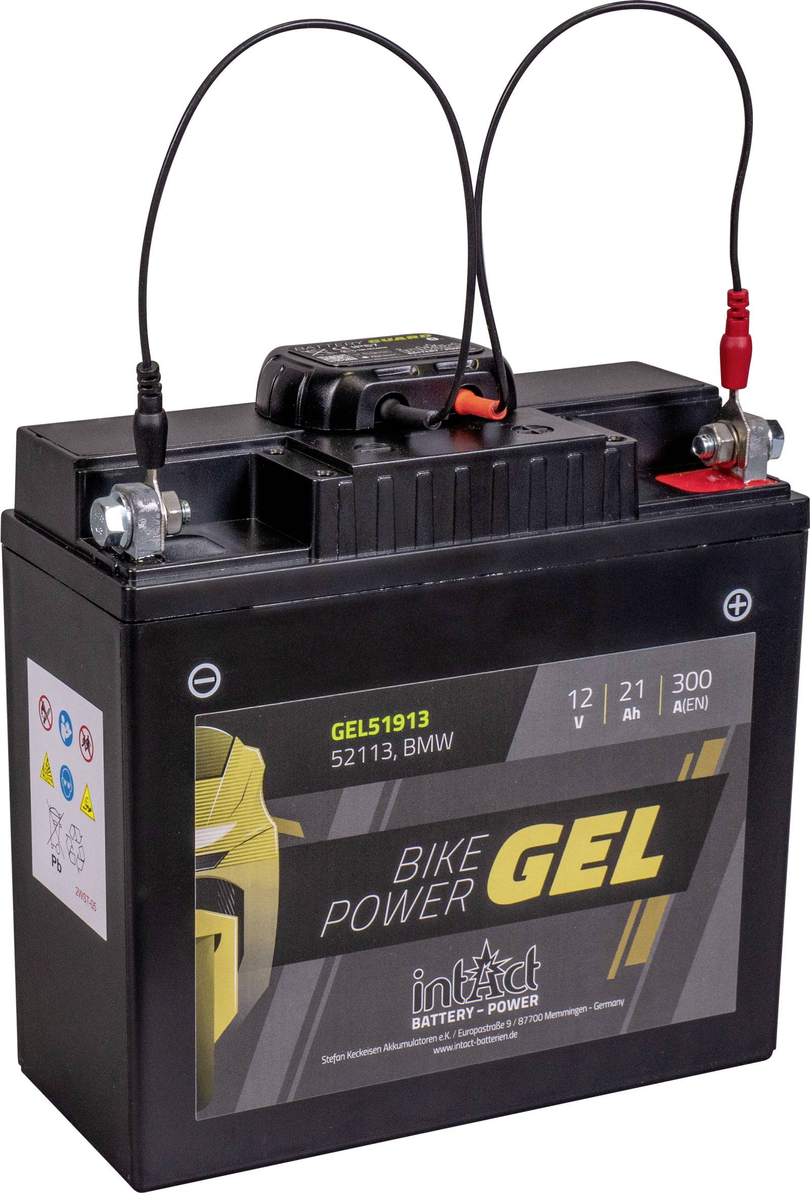 Motorrad-Gel-Batterie mit 12V, 21 Ah. Schwarz mit Etikett 'Bike Power Gel'. Zwei Anschlüsse oben, einer rot, einer schwarz.