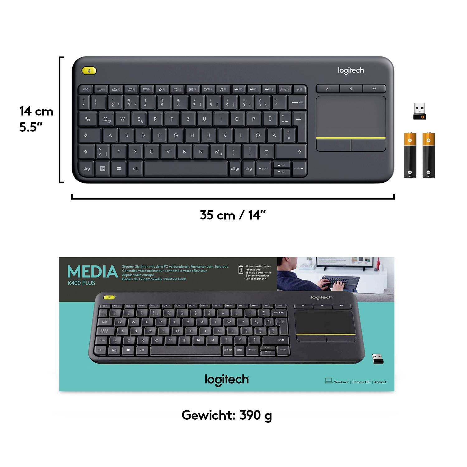 'Drahtlose Logitech-Tastatur K400 Plus in Schwarz mit Touchpad. Maße: 35 cm x 14 cm. USB-Empfänger und Batterien inklusive. Gewicht: 390 g.'