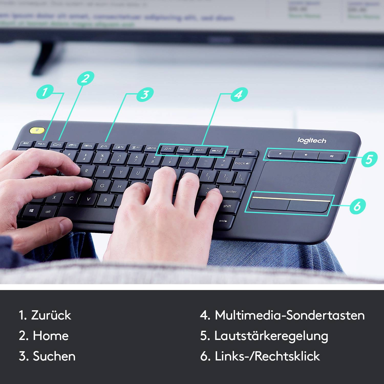 Eine Person tippt auf einer kabellosen Tastatur mit Funktionstasten: Zurück, Home, Suchen, Multimedia-Sondertasten, Lautstärkeregelung, Links-/Rechtsklick.