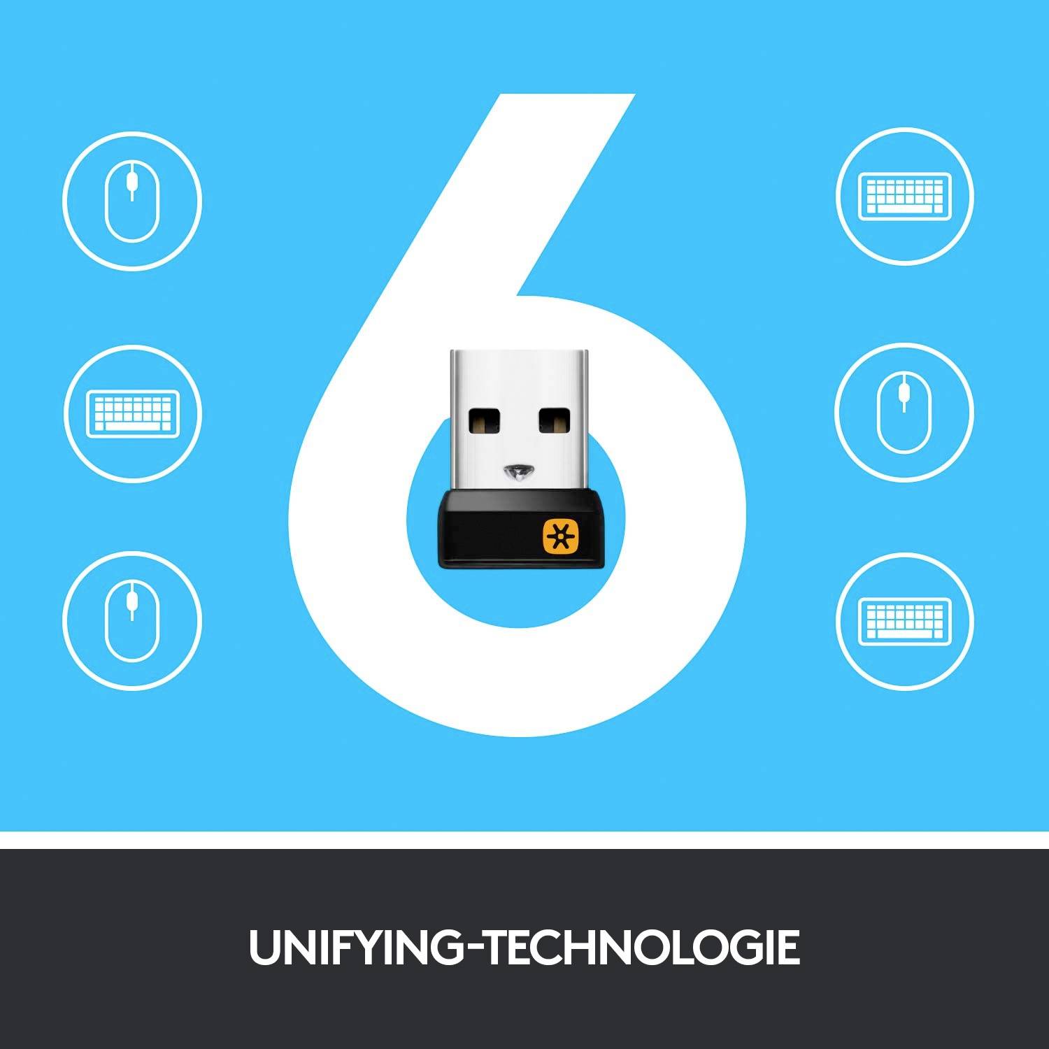 'USB-Dongle mit Unifying-Technologie ermöglicht Verbindung von bis zu sechs Geräten wie Maus und Tastatur.'