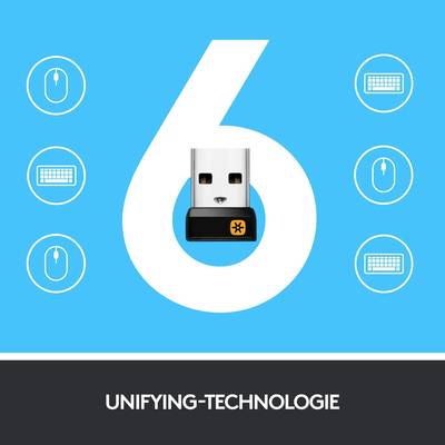 'USB-Dongle mit Unifying-Technologie ermöglicht Verbindung von bis zu sechs Geräten wie Maus und Tastatur.'