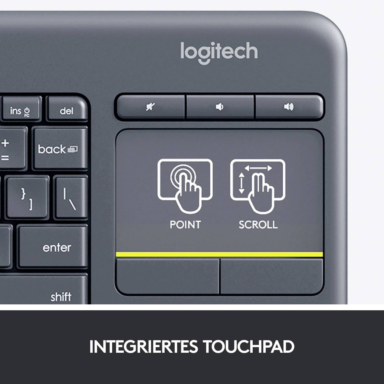 Tastatur mit integriertem Touchpad. Oben das Logo, unten im Bild der Text 'Integriertes Touchpad'. Touchpad zeigt 'Point' und 'Scroll'.