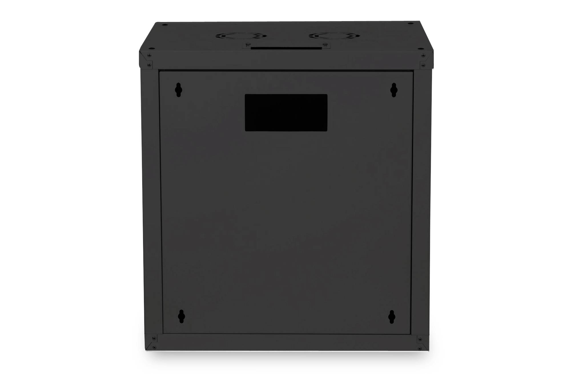 Ein schwarzer, würfelförmiger Schrank mit einer rechteckigen Öffnung an der Vorderseite und Belüftungslöchern oben, freistehend.
