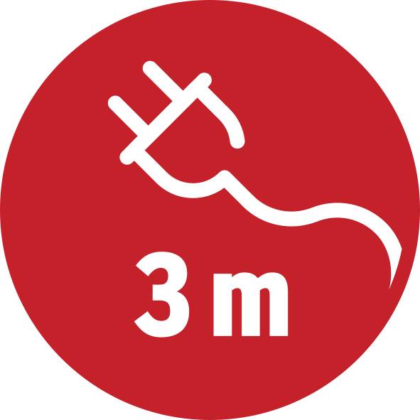 Ein weißes Steckersymbol und die Zahl '3 m' auf rotem Hintergrund, die eine Kabellänge von drei Metern anzeigt.