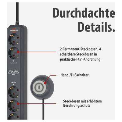 Werbegrafik einer schwarzen Steckdosenleiste mit mehreren Steckdosen und Hand-/Fußschalter; hebt 2 permanente und 4 schaltbare Steckdosen sowie erhöhten Berührungsschutz hervor.