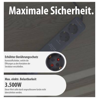 Werbeplakat für eine Steckdosenleiste mit dem Titel 'Maximale Sicherheit'; betont Berührungsschutz und maximale elektrische Belastbarkeit von 3.500 W.