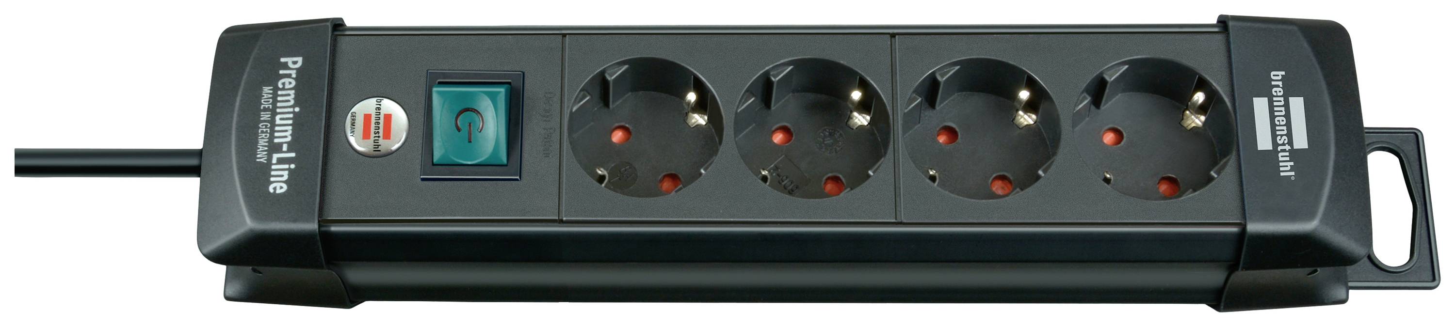 Schwarze Steckdosenleiste mit vier Schuko-Steckplätzen, Schalter und Überlastschutz.